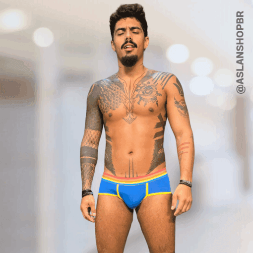 Cueca Azul Tropical Slip Line Amarelo