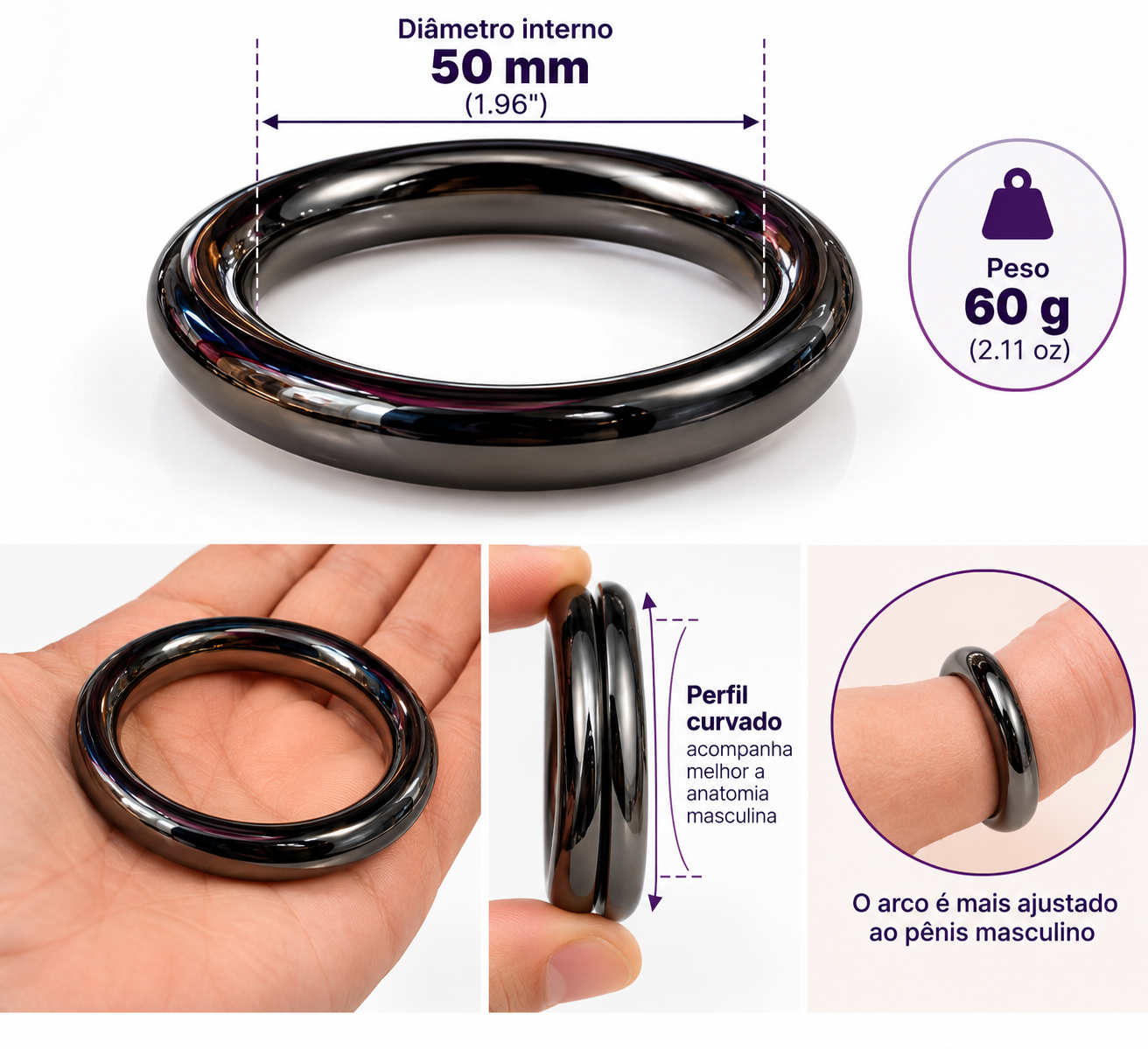 Anel Peniano Masculino de Metal Preto – Cock Ring Anatômico 50 mm