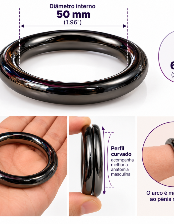 Anel Peniano Masculino de Metal Preto – Cock Ring Anatômico 50 mm